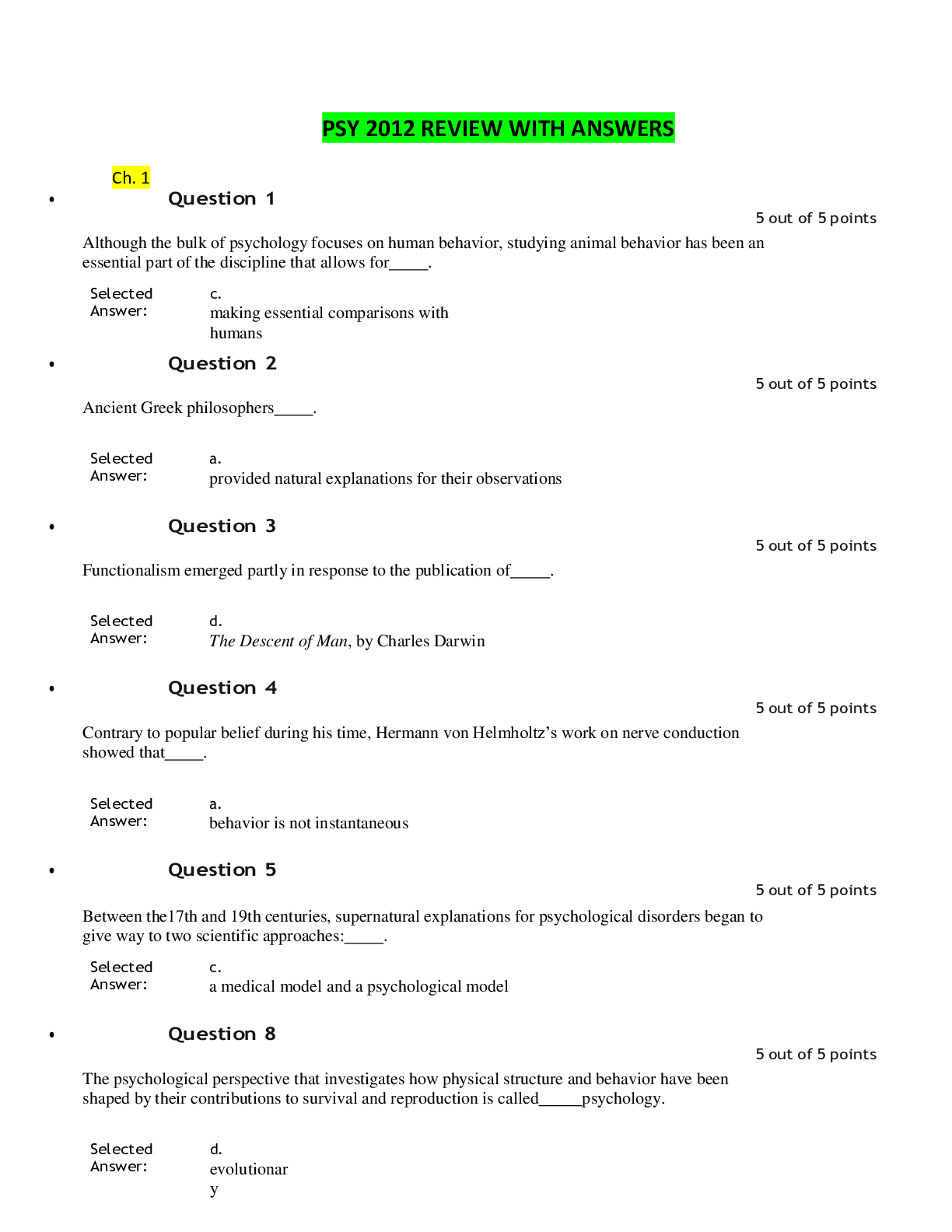 Preview image of PSY 2012 Quizzes Chapters 1-16 document